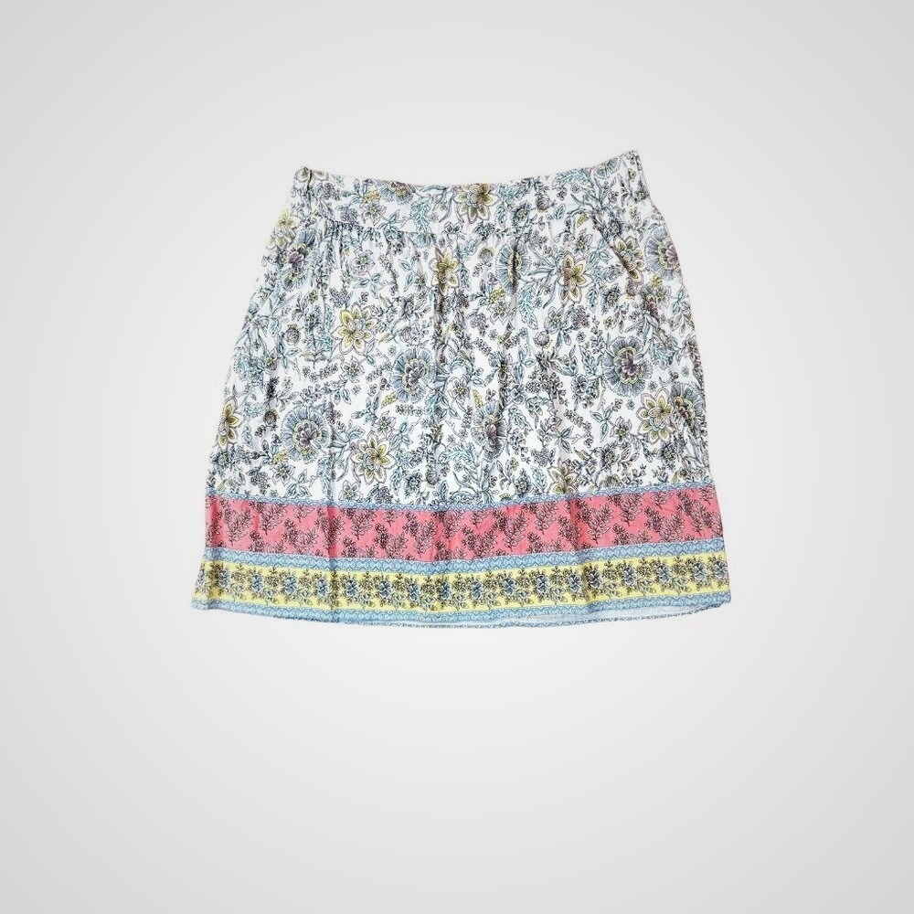 Loft Boho Floral Paisley Border Print Mini Skirt Pink Yellow Blue White A-Line